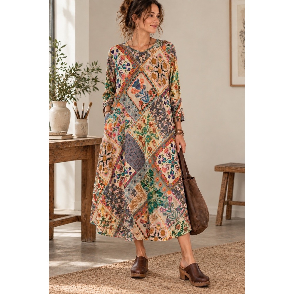 Natural Life Multicolor Kaftan/Beach MIDI Dress Long Sleeve Round Neck 2XL